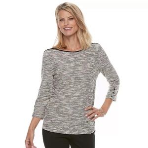 •CROFT & BARROW•BLACK & WHITE TWEED W/ SPECKS OF RED/BLUE 3/4 SLEEVE BLOUSE XL